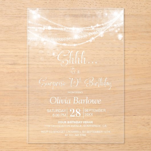 Invitations En Acrylique Elégant String Lights Surprise 70e anniversaire fê (Recto)