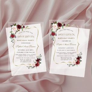 Invitations En Acrylique Elégant Sweet sixteen de fleurs de Bourgogne or