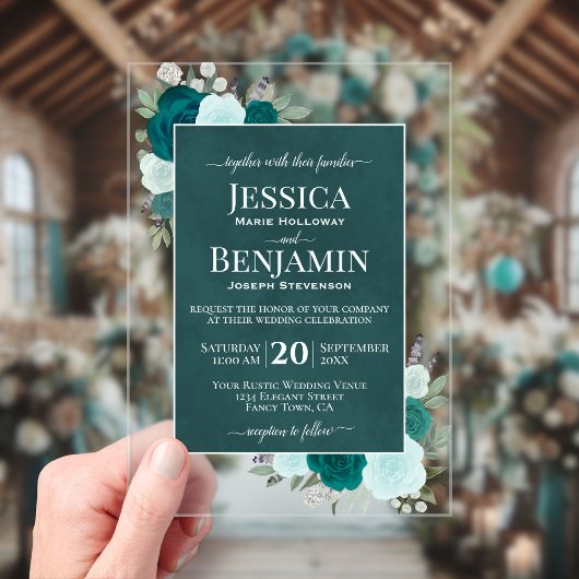 Invitations En Acrylique Elegant Teal & Aqua Roses Stylish Text Wedding