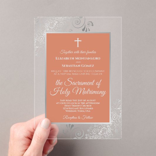 Invitations En Acrylique Elegant Terracotta Coral & Silver Catholic Wedding (In situ (ordinateur de poche))