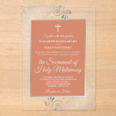 Invitations En Acrylique Elegant Terracotta Coral & Silver Catholic Wedding (Recto)
