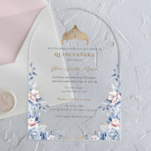 Invitations En Acrylique Elégant Tiara Gold Blue roses Quinceañera