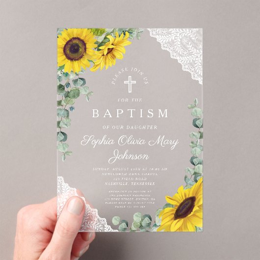 Invitations En Acrylique Élégant tournesol Eucalyptus dentelle fille Baptêm (In situ (ordinateur de poche))