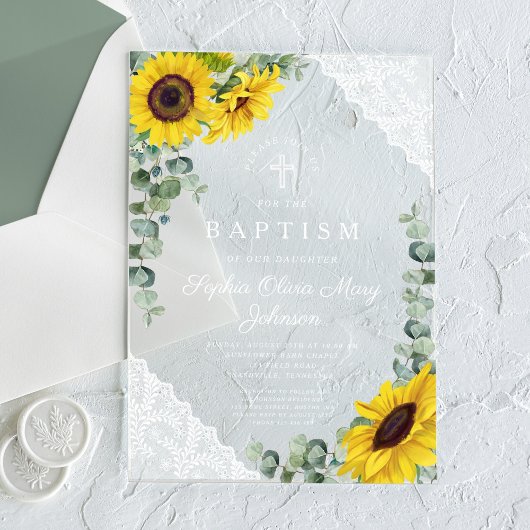 Invitations En Acrylique Élégant tournesol Eucalyptus dentelle fille Baptêm