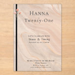 Invitations En Acrylique Elegant Transparent Blush Marbled 21st Birthday<br><div class="desc">Elegant Transparent Blush Marbled 21st Birthday Acrylic Invitations. Plan a sophisticated milestone celebration with this chic acrylic 21st birthday invitation. The design features a transparent foundation layered with soft blush and peach marble textures, accented by a bold black stripe and delicate floral art. This elegant invite is perfect for a...</div>