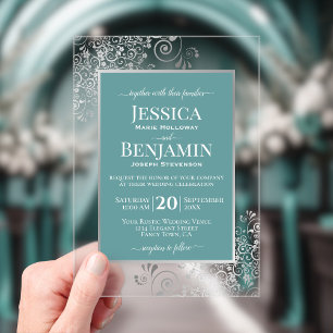 Invitations En Acrylique Élégant Turquoise & Argent Texte Glamour Mariage d