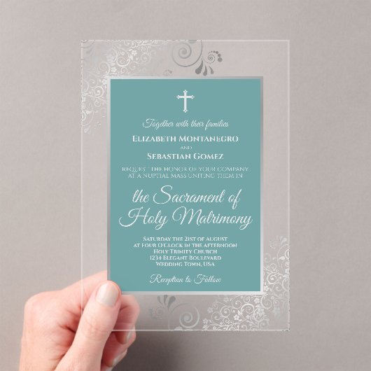 Invitations En Acrylique Elegant Turquoise Teal & Silver Catholic Wedding (In situ (ordinateur de poche))