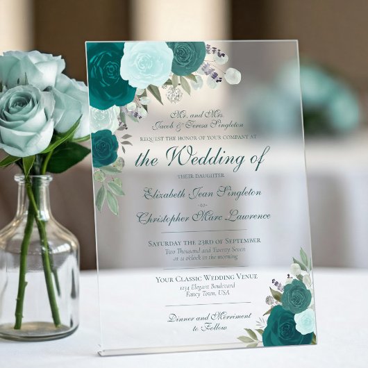 Invitations En Acrylique Elégant Turquoise Turquoise & Aqua Roses Mariage o