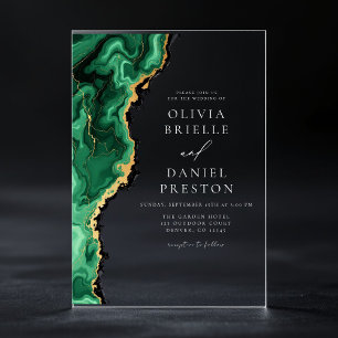 Invitations En Acrylique Élégant Vert Émeraude Or Agate Mariage