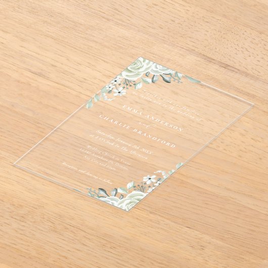 Invitations En Acrylique Élégant vert fleurs botaniques Script Mariage (Poser)