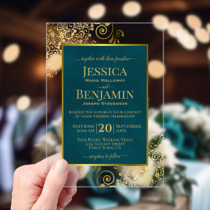 Invitations En Acrylique Élégant Vert Sarcelle Foncé & Or Mariage Glam Text