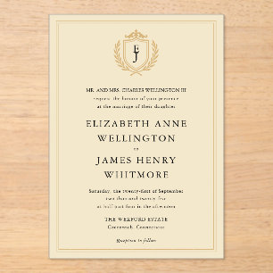 Invitations En Acrylique Elégant vieil argent Crest - ivoire et Mariage or