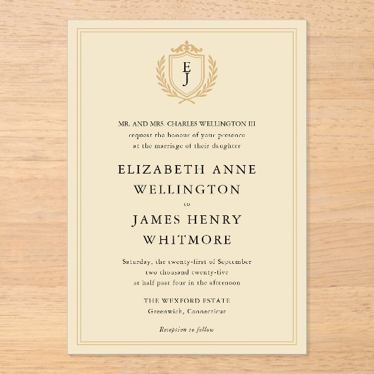 Invitations En Acrylique Elégant vieil argent Crest - ivoire et Mariage or (Recto)
