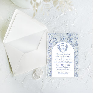 Invitations En Acrylique Elégant Vintage Crest Dusty Blue Floral Mariage