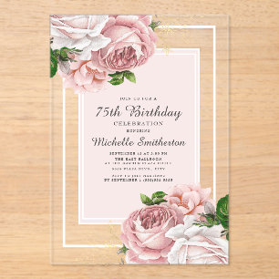Invitations En Acrylique Elégant Vintage Floral Rose Pâle 75e Anniversaire