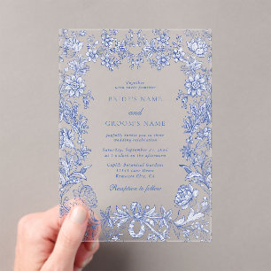 Invitations En Acrylique Élégant Vintage Rustique Français Bleu Mariage Flo