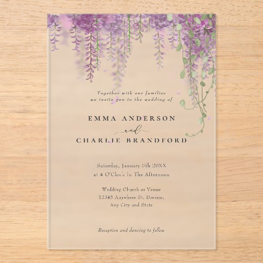 Invitations En Acrylique Élégant violet fleurs botaniques Script Mariage (Recto)