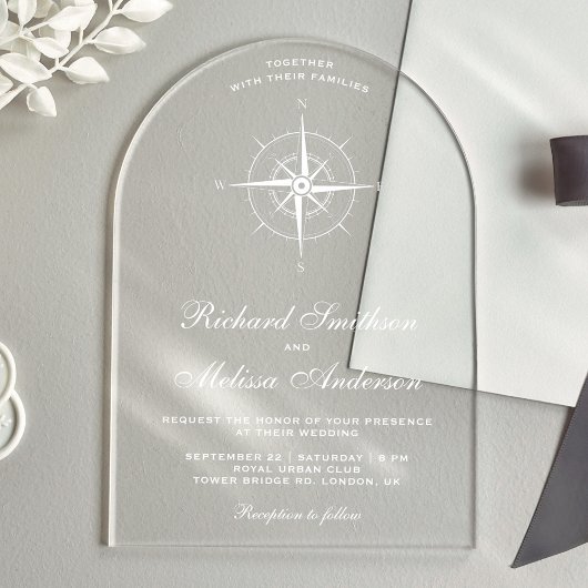 Invitations En Acrylique Elegant White Nautical Compass Wedding