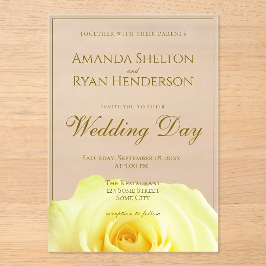 Invitations En Acrylique Elegant Yellow Roses Flower Floral Wedding (Recto)