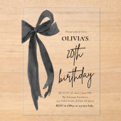 Invitations En Acrylique Elégante aquarelle Black Bow 20e fête d'anniversai (Recto)