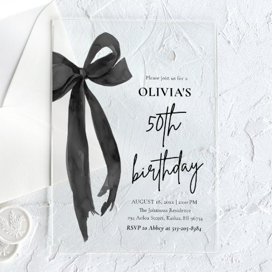 Invitations En Acrylique Elégante aquarelle Black Bow 50e fête d'anniversai