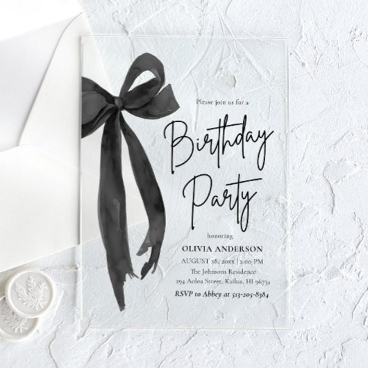 Invitations En Acrylique Elégante aquarelle Black Bow fête d'anniversaire