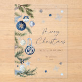 Invitations En Acrylique Elégante aquarelle bleu ornement de Noël (Recto)