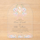 Invitations En Acrylique Elégante aquarelle Floral Crest Monogramme Mariage (Recto)
