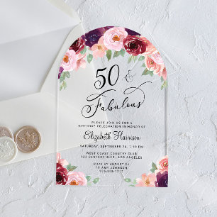 Invitations En Acrylique Elégante aquarelle florale 50e anniversaire de fêt