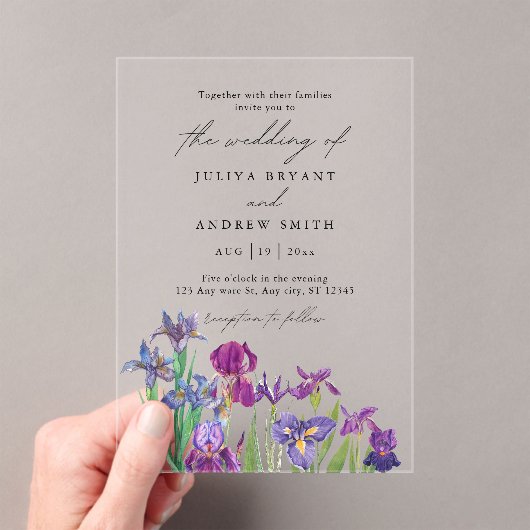 Invitations En Acrylique Elégante aquarelle Iris en mariage de script blanc (In situ (ordinateur de poche))