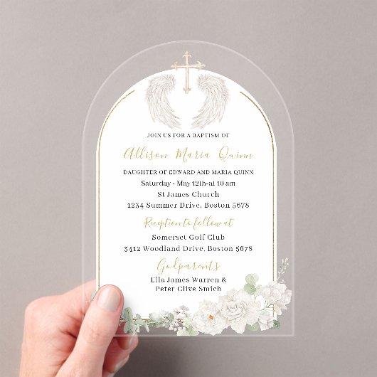 Invitations En Acrylique Elégante Aquarelle moderne Beige Angel Baptême Inv (In situ (ordinateur de poche))