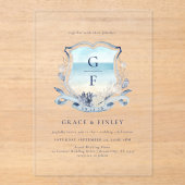 Invitations En Acrylique Elégante aquarelle plage Monogram Crest Mariage (Recto)