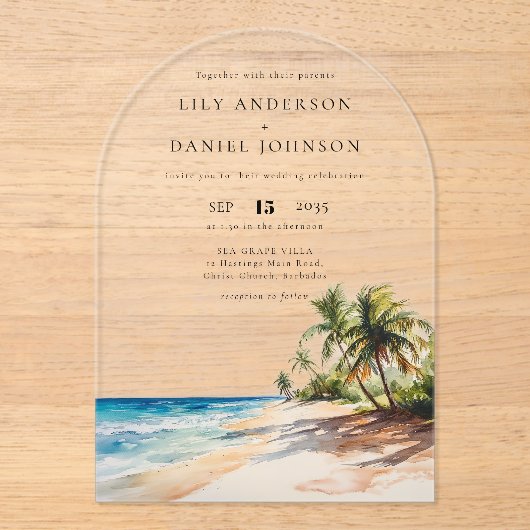 Invitations En Acrylique Elégante aquarelle Tropical Beach Wedding Arch (Recto)
