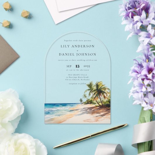 Invitations En Acrylique Elégante aquarelle Tropical Beach Wedding Arch (Insitu (Mariage))