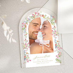 Invitations En Acrylique élégante arche florale photo sauver notre date de