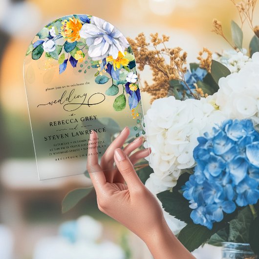 Invitations En Acrylique Elégante arche mariage fleurie jaune blanc