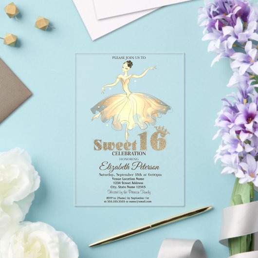 Invitations En Acrylique Elégante Ballerina Gold Parties scintillant Bokeh  (Insitu (Mariage))