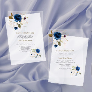 Invitations En Acrylique Elégante Blue Gold Flowers Boy Confirmation