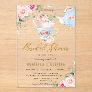 Invitations En Acrylique Elégante Blush Floral High Tea Party Fête des mari