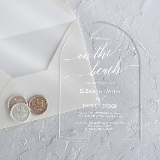 Invitations En Acrylique Élégante calligraphie Arc Blanc Boho Beach Mariage