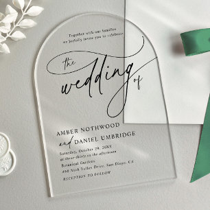 Invitations En Acrylique Élégante calligraphie Mariage d'arc noir et blanc