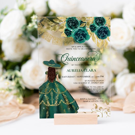 Invitations En Acrylique Élégante Charra Quinceañera Floral Emerald Green