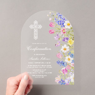 Invitations En Acrylique Élégante Confirmation Fleurs de Prairie Fraîches A