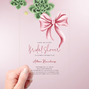 Invitations En Acrylique Élégante Coquette Bow rose Fête des mariées Party