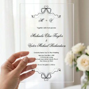 Invitations En Acrylique Élégante Coquette Monogramme Mariage Blanc Vintage