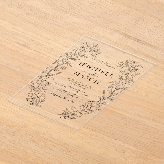 Invitations En Acrylique Elégante couronne de fleurs noires Simple Mariage (Poser)