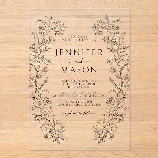 Invitations En Acrylique Elégante couronne de fleurs noires Simple Mariage  (Recto)