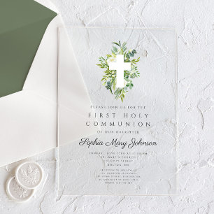 Invitations En Acrylique Elégante Croix Botanique Verte Première Communion