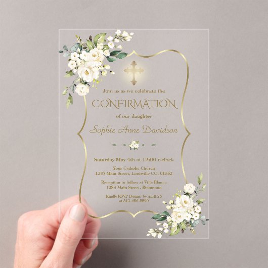Invitations En Acrylique Élégante Croix d'or Fleurs blanches Confirmation (In situ (ordinateur de poche))