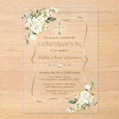 Invitations En Acrylique Élégante Croix d'or Fleurs blanches Confirmation (Recto)